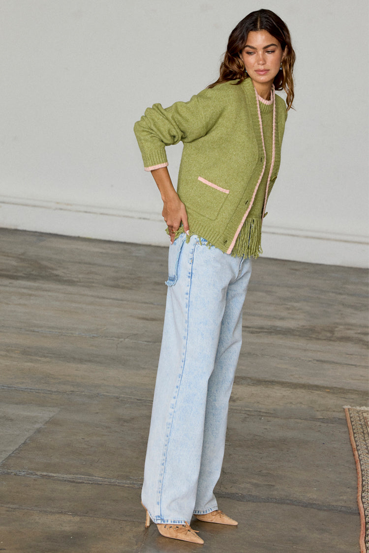Olive Cardigan with Pink Trim for Women | Callie Cozy Knit
