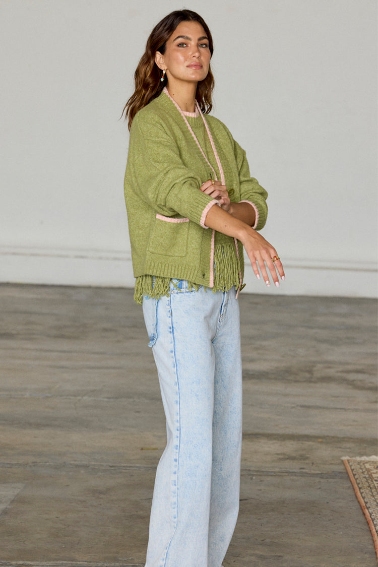 Olive Cardigan with Pink Trim for Women | Callie Cozy Knit