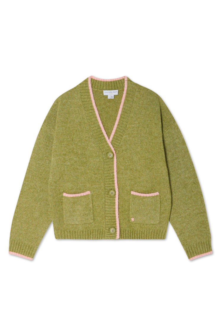 Olive Cardigan with Pink Trim for Women | Callie Cozy Knit