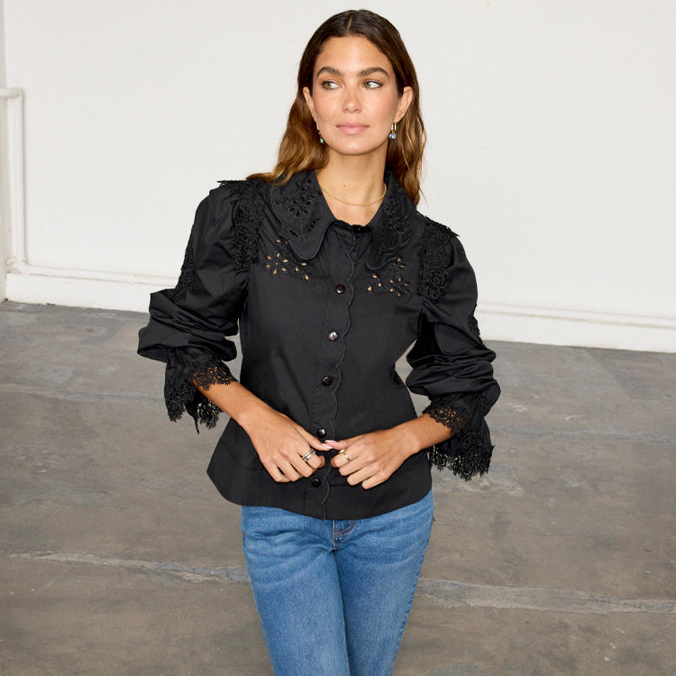 Black Sicily Shirt with Broderie Flower Embellishments & Lace Details | NFD