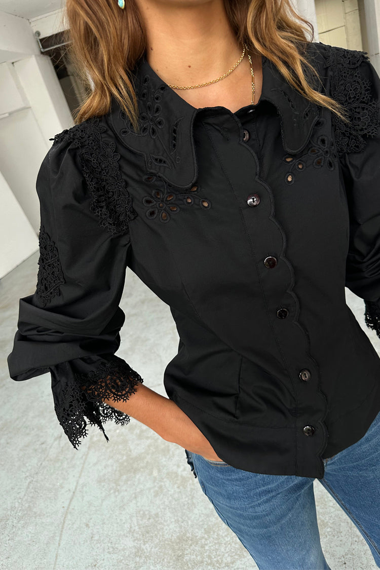 Black Sicily Shirt with Broderie Flower Embellishments & Lace Details | NFD