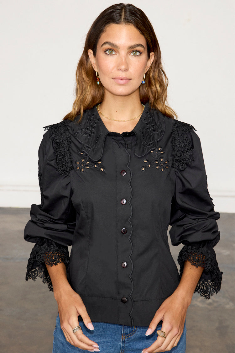 Black Sicily Shirt with Broderie Flower Embellishments & Lace Details | NFD