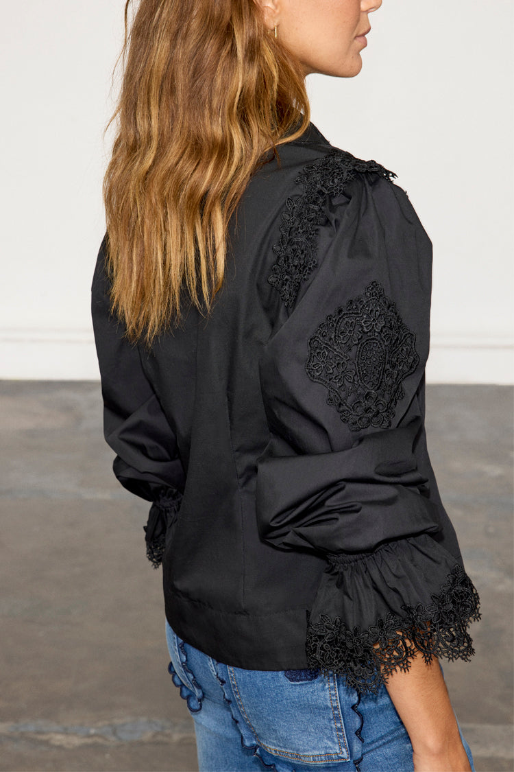 Black Sicily Shirt with Broderie Flower Embellishments & Lace Details | NFD