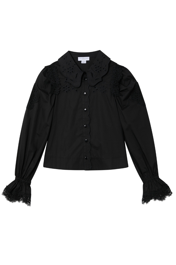 Black Sicily Shirt with Broderie Flower Embellishments & Lace Details | NFD
