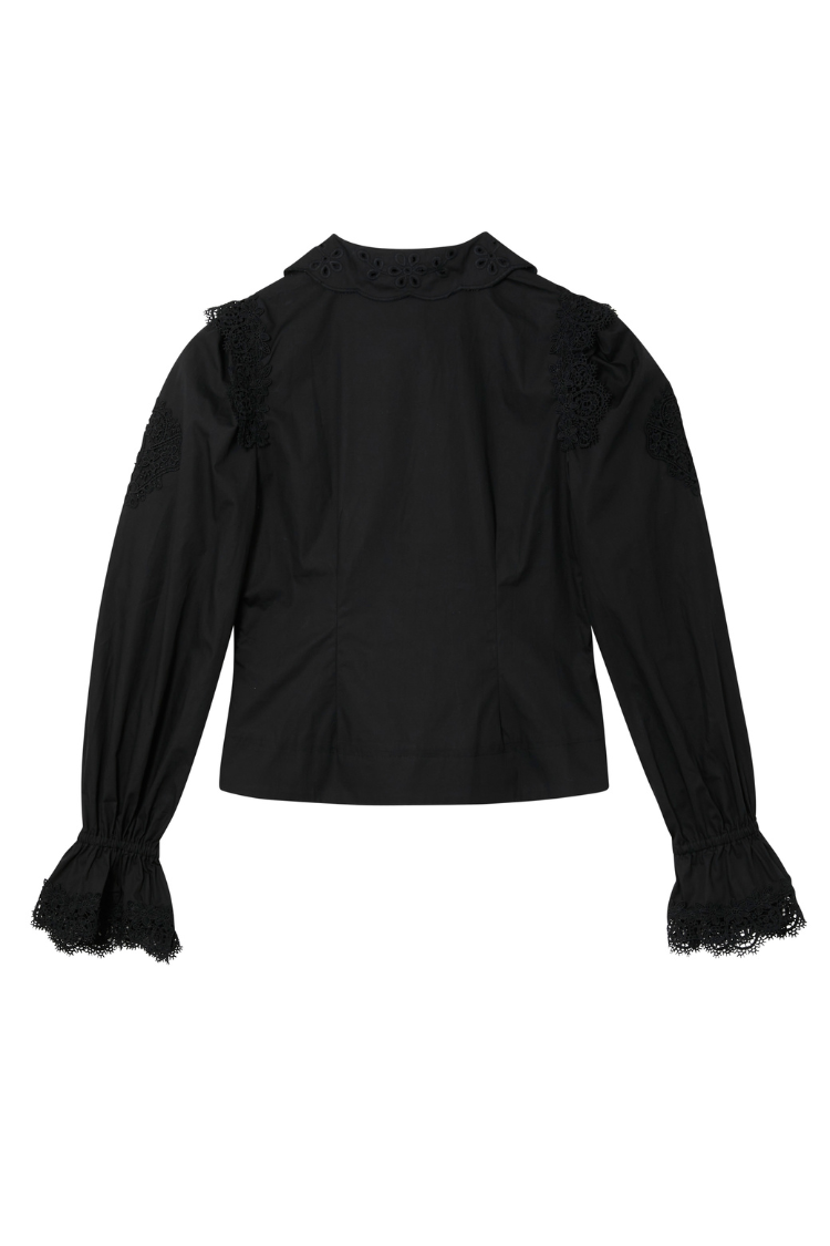 Black Sicily Shirt with Broderie Flower Embellishments & Lace Details | NFD