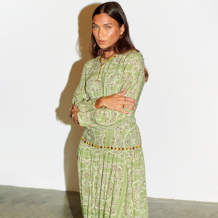 Khaki Bandana Print Dress with Cuffed Sleeves | Viscose Summer Dress