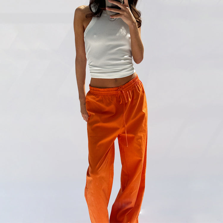 Orange Linen Trousers for Women | Lightweight & Elastic Waist
