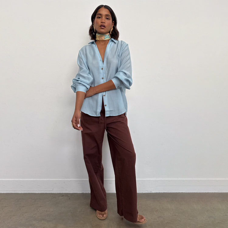 Breathable Cotton Linen Wide Leg Trousers with Elastic Waist | Brown