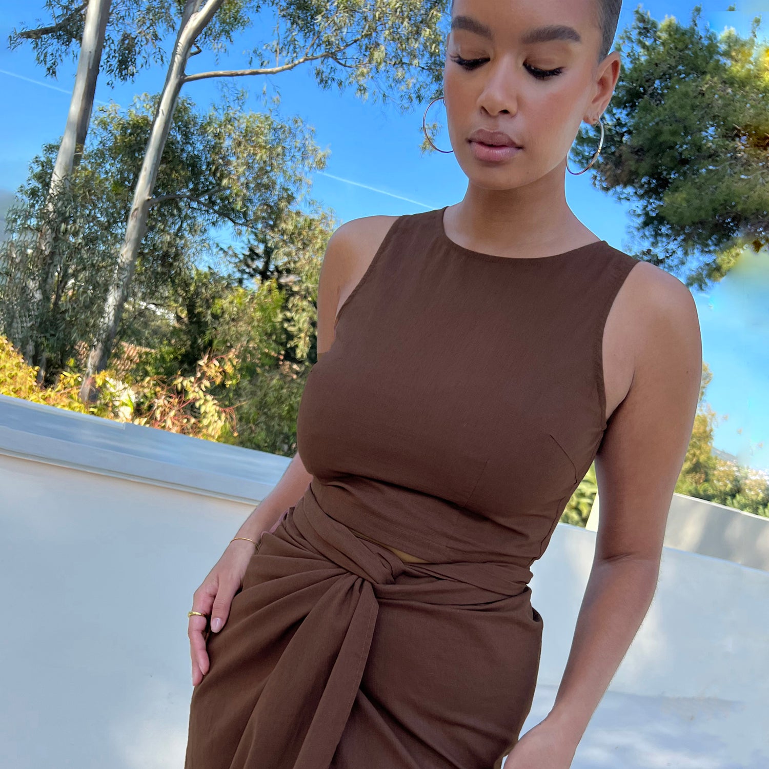 Brown Cotton Linen Racer Top with Back Zip | Never Fully Dressed