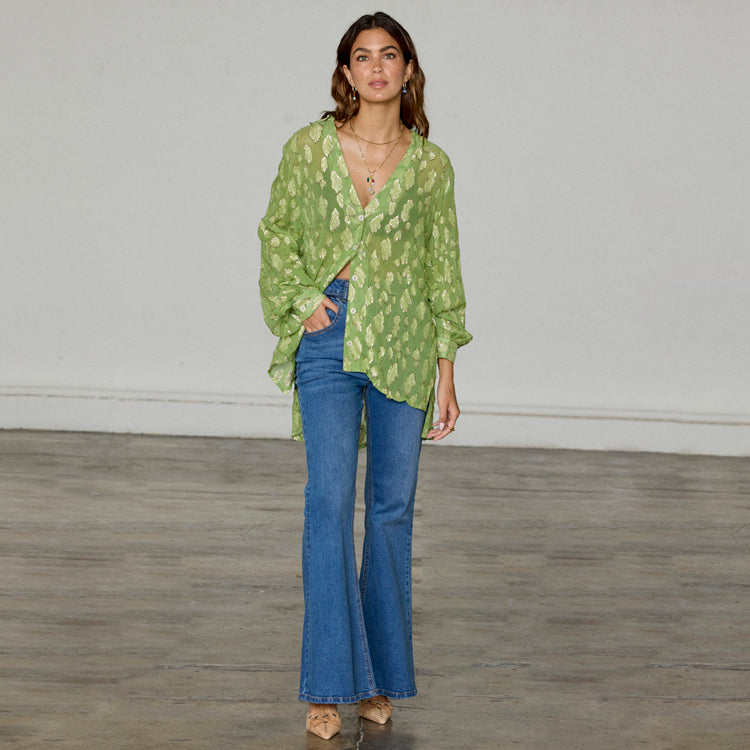 Green Jacquard Button-Up Shirt for Women | Slightly Sheer & Breastfeeding Friendly