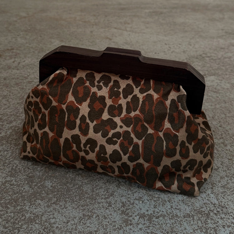 Leopard Print Denim Clutch Bag with Wooden Handle | Lucia