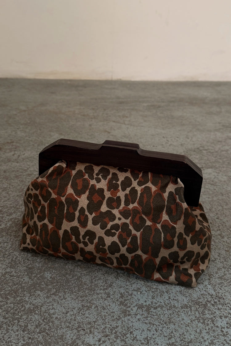 Leopard Print Denim Clutch Bag with Wooden Handle | Lucia