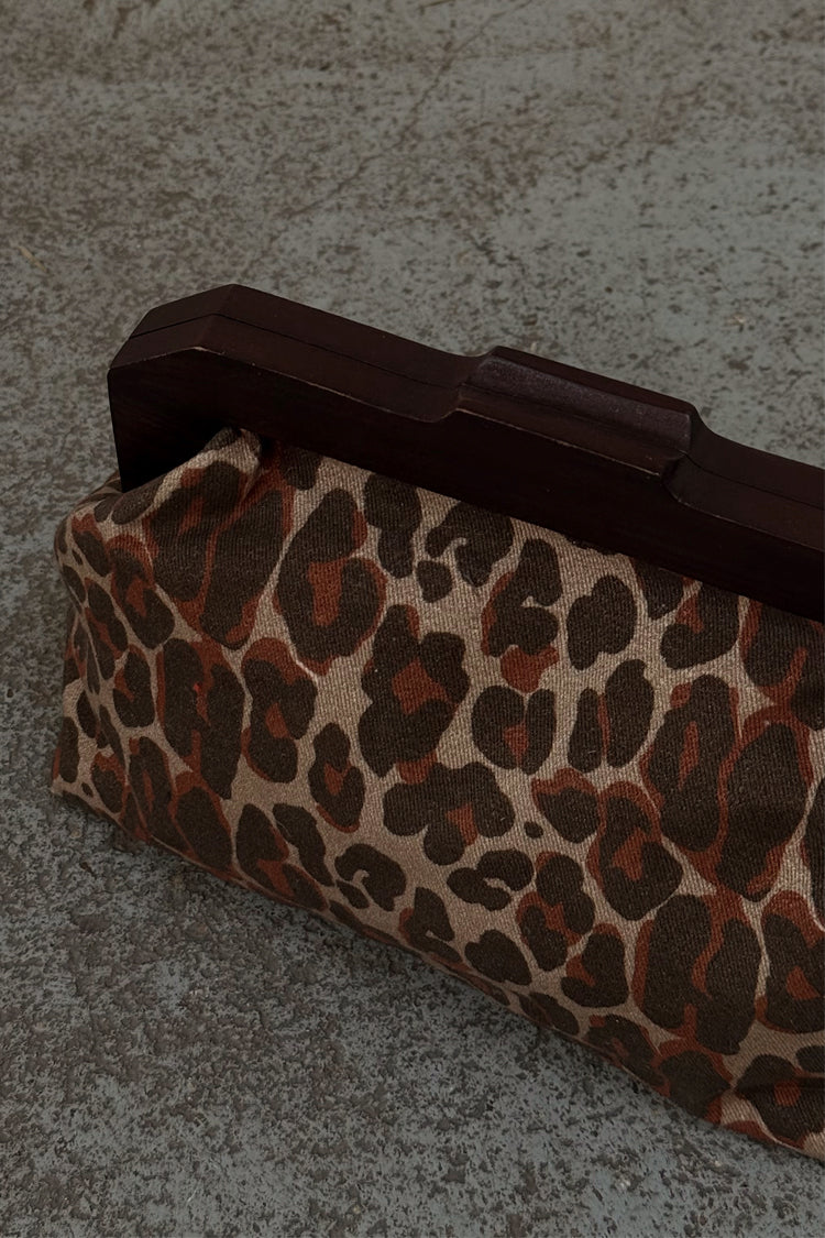 Leopard Print Denim Clutch Bag with Wooden Handle | Lucia