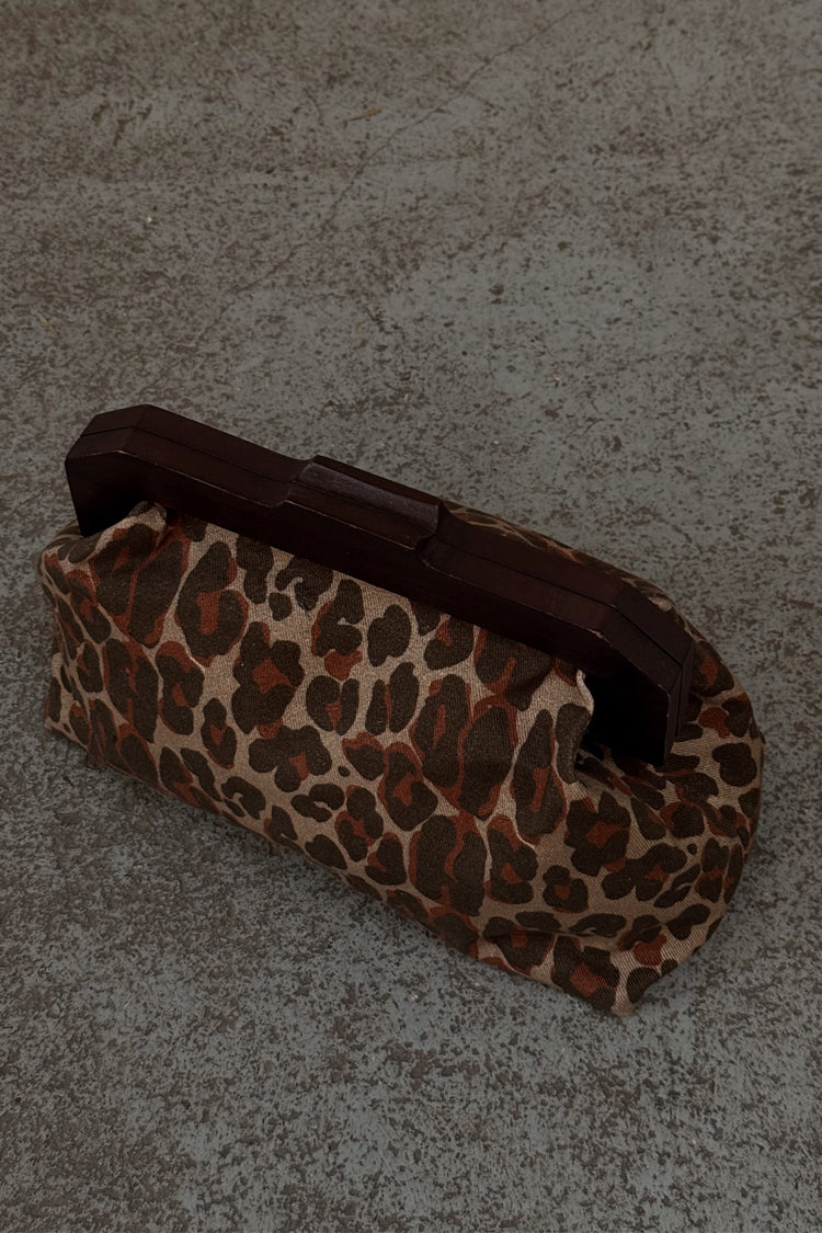 Leopard Print Denim Clutch Bag with Wooden Handle | Lucia