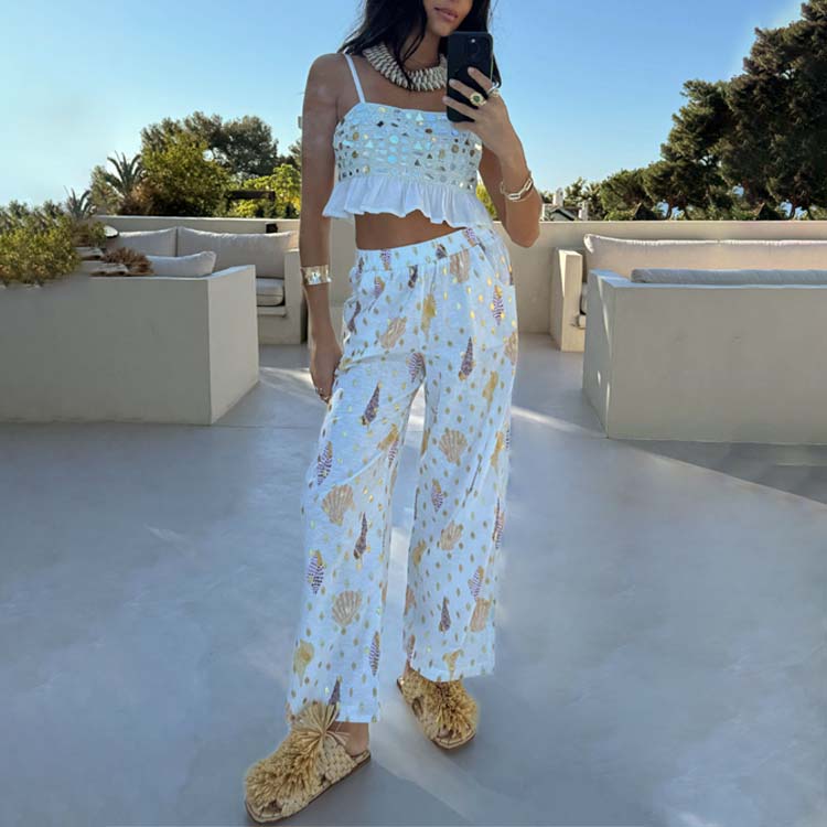 Relaxed Fit Shell Print Trousers with Elastic Waist | Elissa