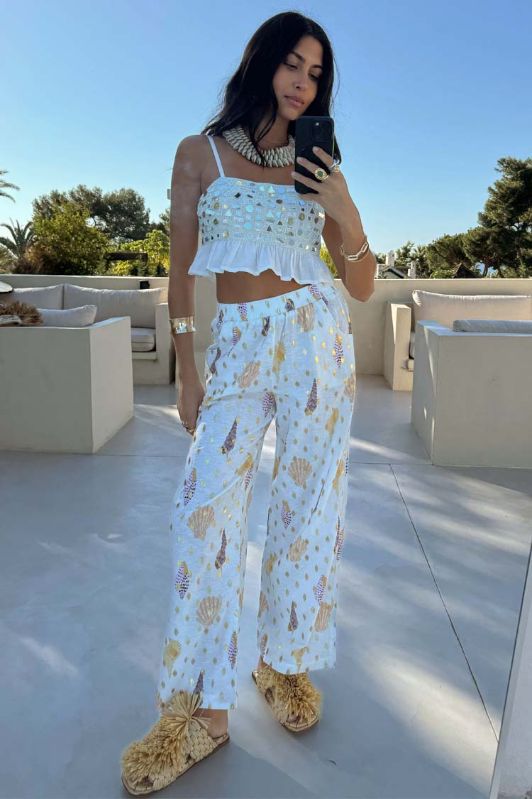 Relaxed Fit Shell Print Trousers with Elastic Waist | Elissa