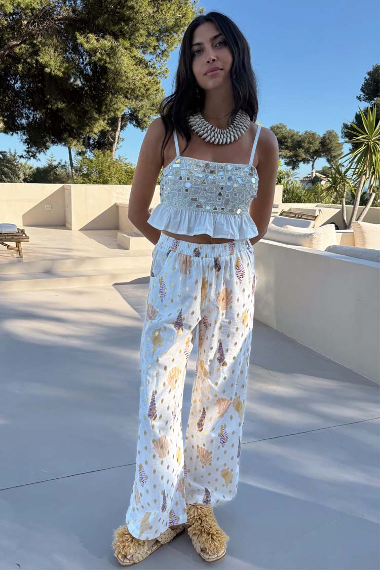 Relaxed Fit Shell Print Trousers with Elastic Waist | Elissa