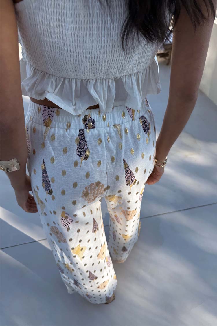 Relaxed Fit Shell Print Trousers with Elastic Waist | Elissa