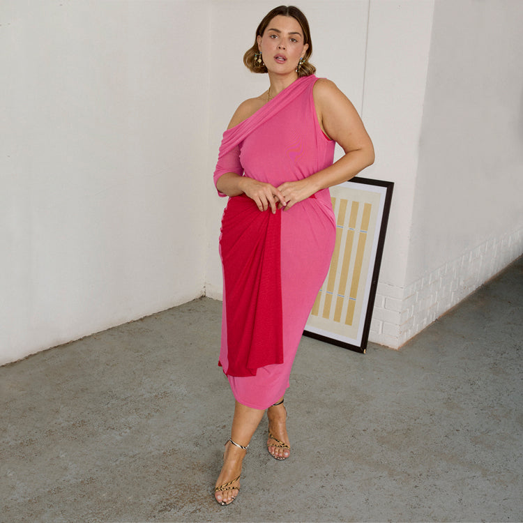 Pink & Red Off-Shoulder Wrap Dress | Ella