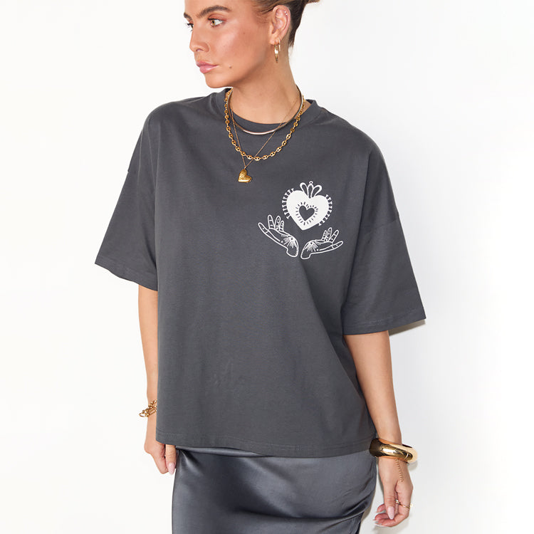 Boxy Grey Cotton T-Shirt with Embroidered Palm & Heart | NFD