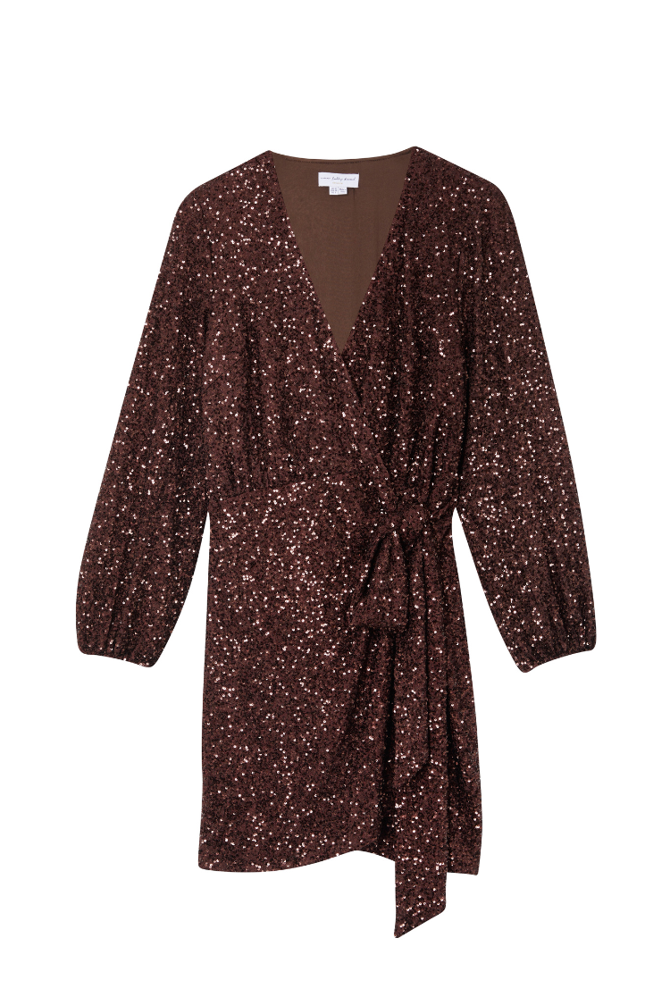 Chocolate Sequin Wrap Dress for Women | Mini Vienna Petite