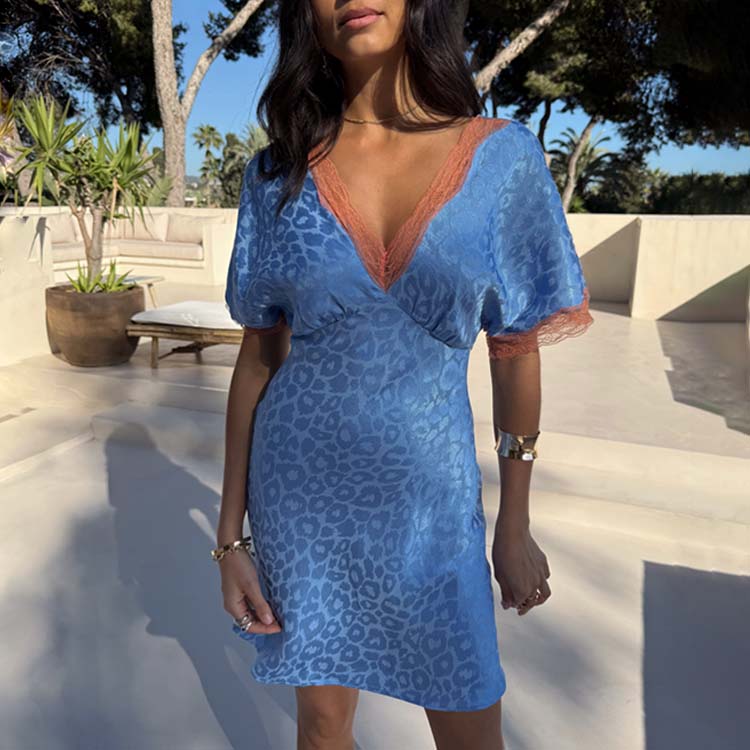 Blue Jacquard Mini Dress with Lace Detailing | Thea Petite
