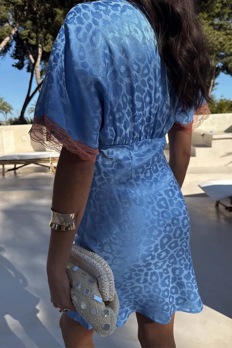 Blue Jacquard Mini Dress with Lace Detailing | Thea Petite