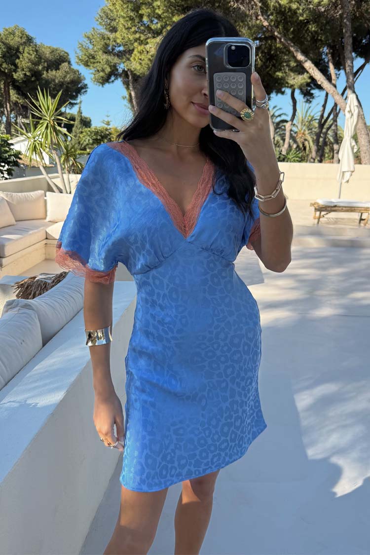 Blue Jacquard Mini Dress with Lace Detailing | Thea Petite