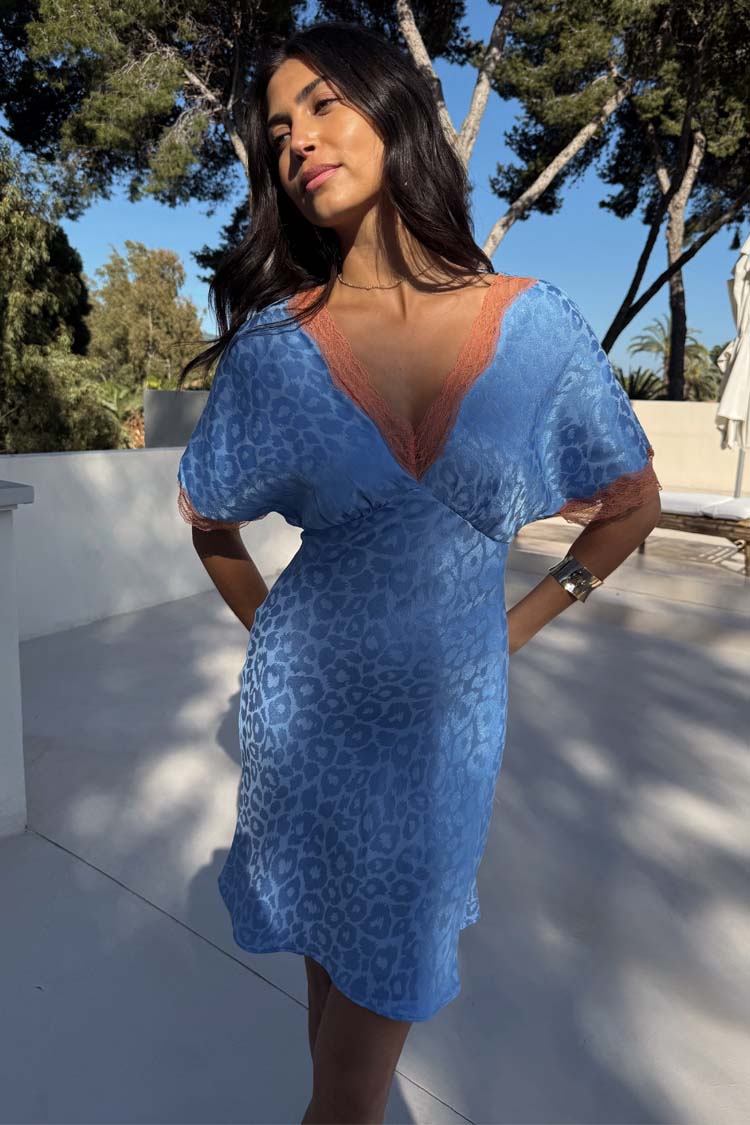 Blue Jacquard Mini Dress with Lace Detailing | Thea Petite