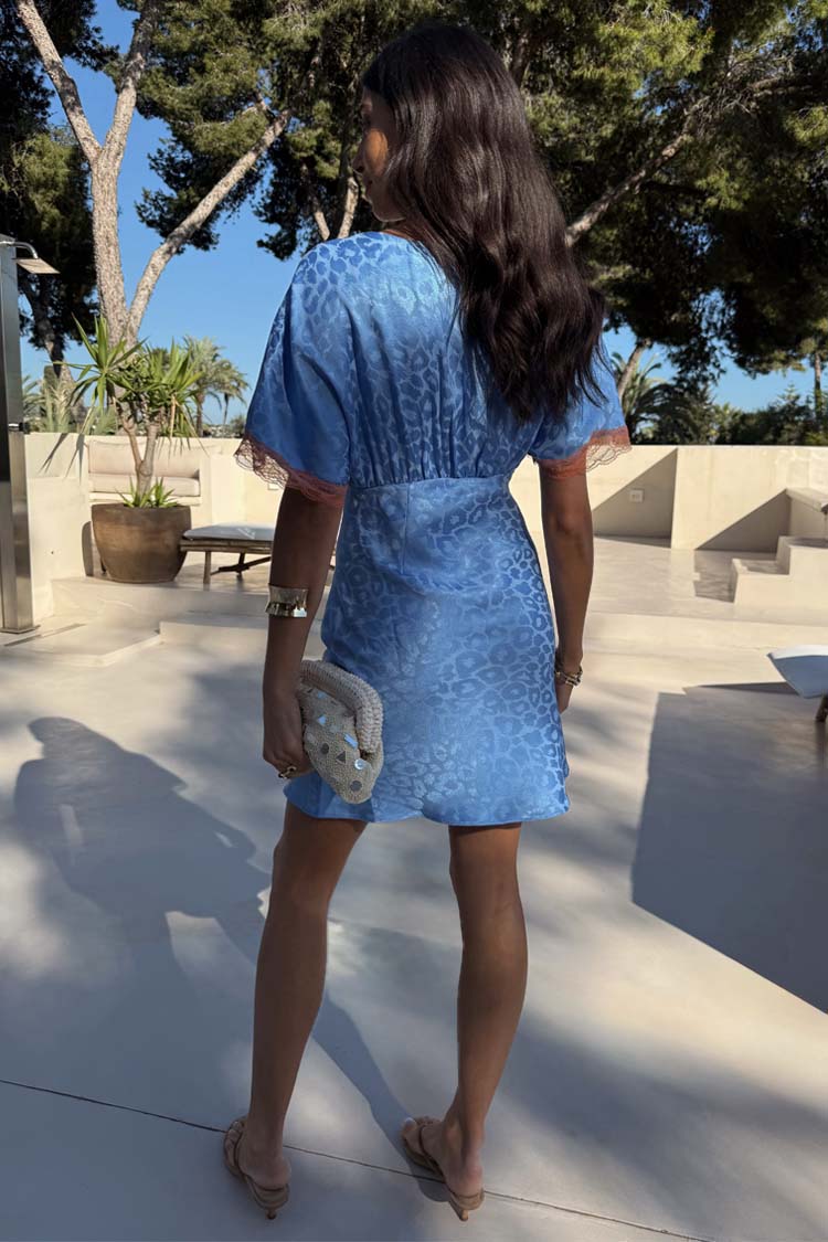 Blue Jacquard Mini Dress with Lace Detailing | Thea Petite