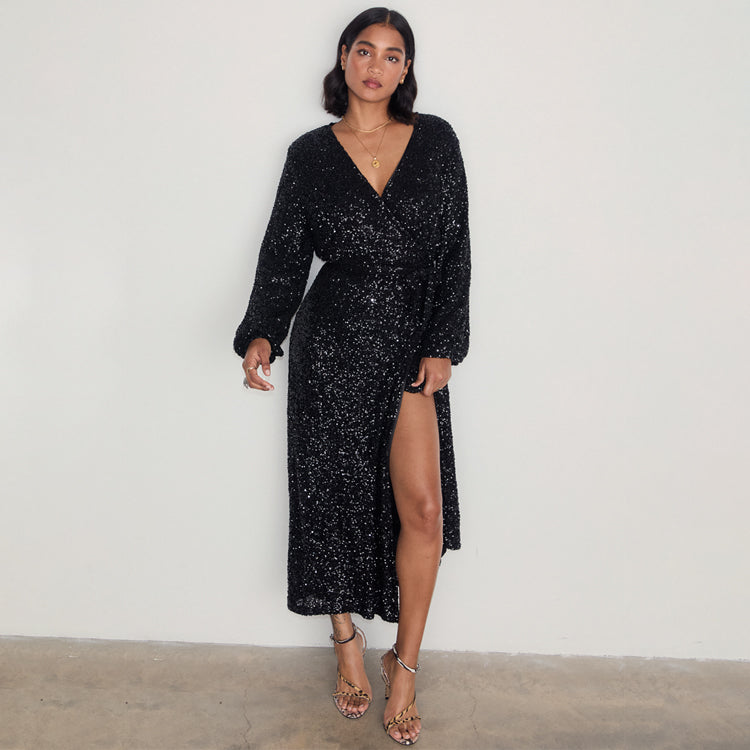 Black Sequin Wrap Dress for Women - Adjustable & Breastfeeding Friendly | Kira Petite
