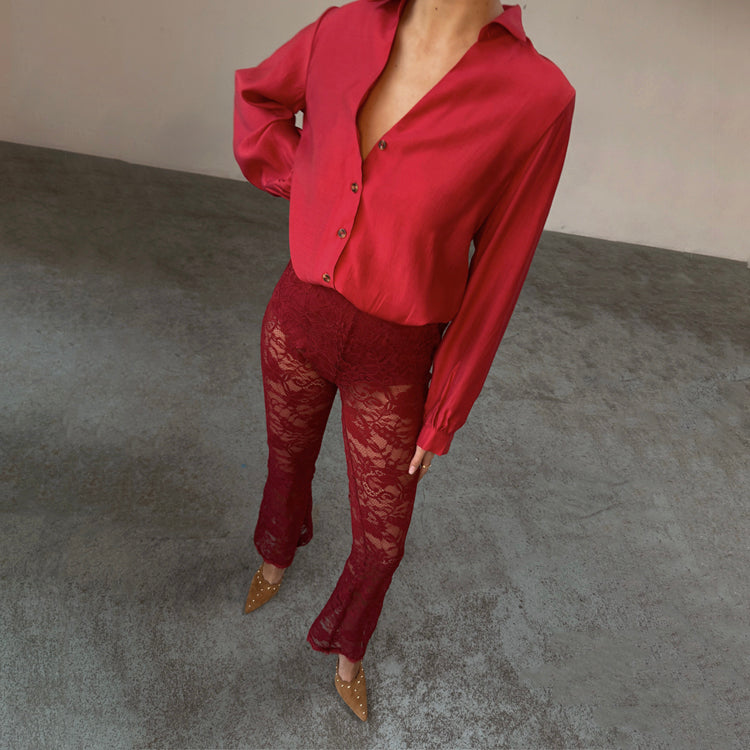 Burgundy Lace Trousers for Women | Petite & Elastic Waist