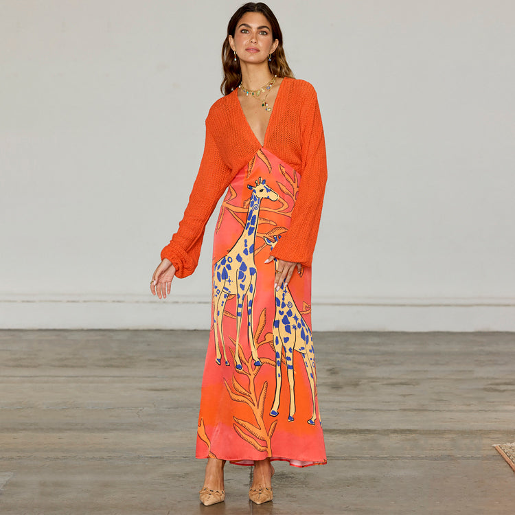 Giraffe Print Orange Dress with Crochet Knit Top | Emma Petite