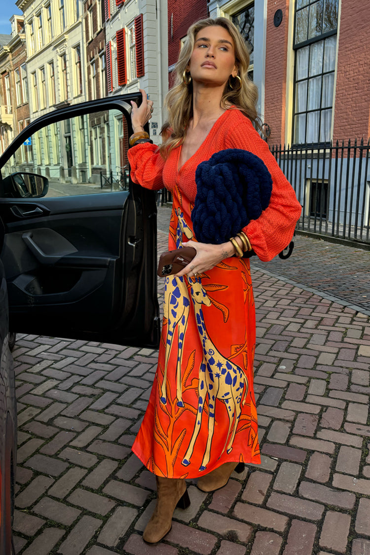 Giraffe Print Orange Dress with Crochet Knit Top | Emma Petite