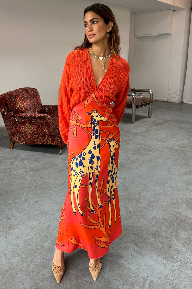 Giraffe Print Orange Dress with Crochet Knit Top | Emma Petite