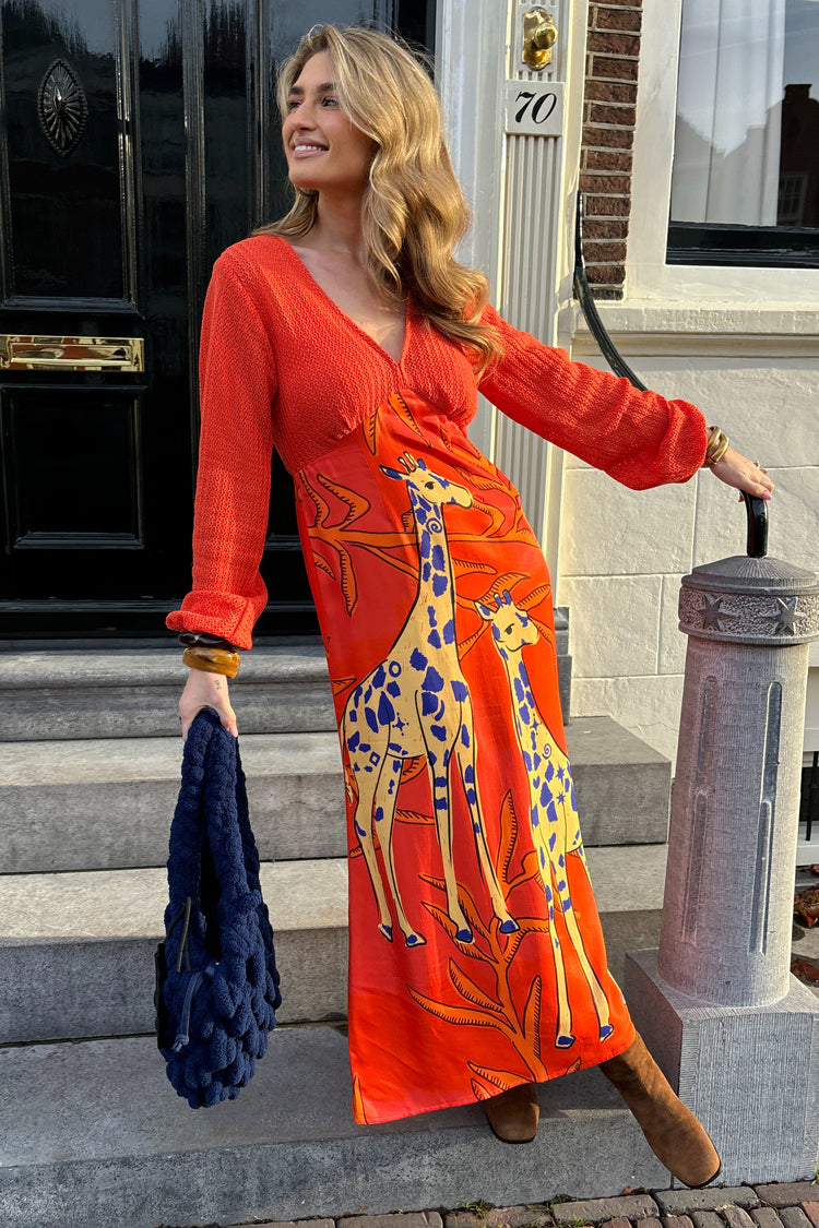 Giraffe Print Orange Dress with Crochet Knit Top | Emma Petite