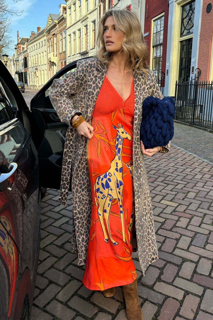 Giraffe Print Orange Dress with Crochet Knit Top | Emma Petite