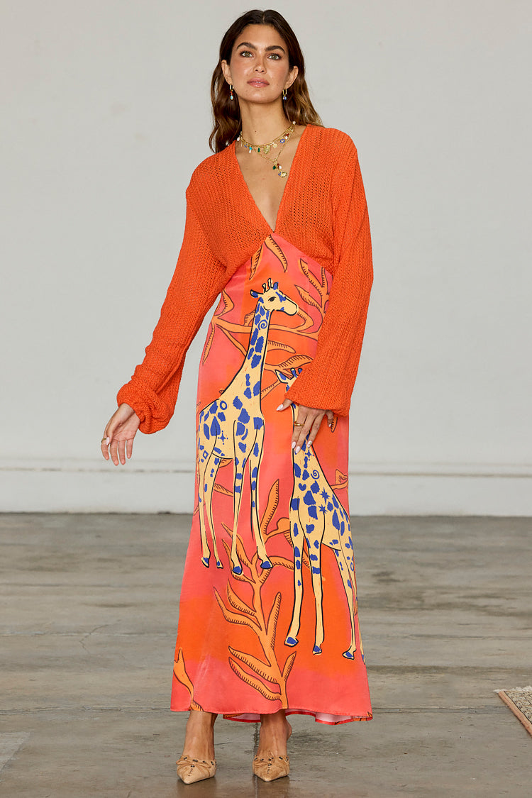 Giraffe Print Orange Dress with Crochet Knit Top | Emma Petite