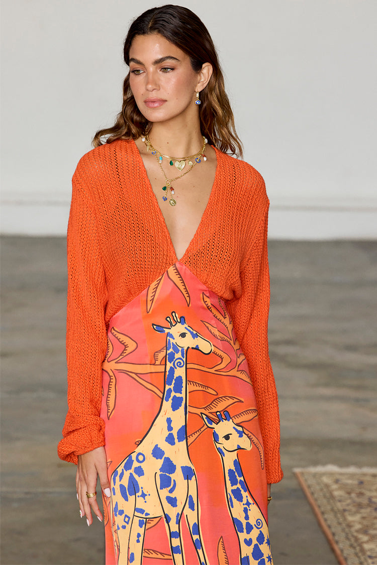 Giraffe Print Orange Dress with Crochet Knit Top | Emma Petite
