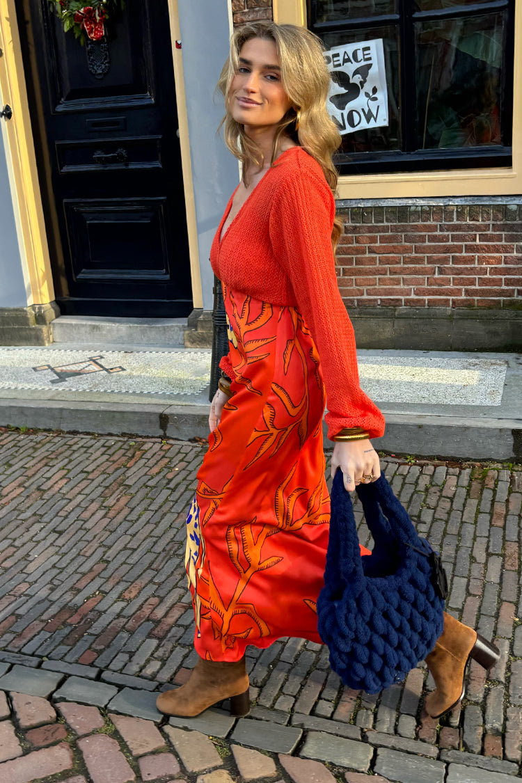 Giraffe Print Orange Dress with Crochet Knit Top | Emma Petite