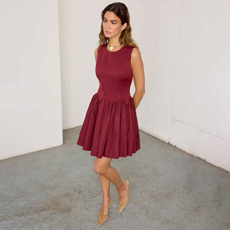 Burgundy Corset Mini Dress with Pleated Skirt | Monika Petite