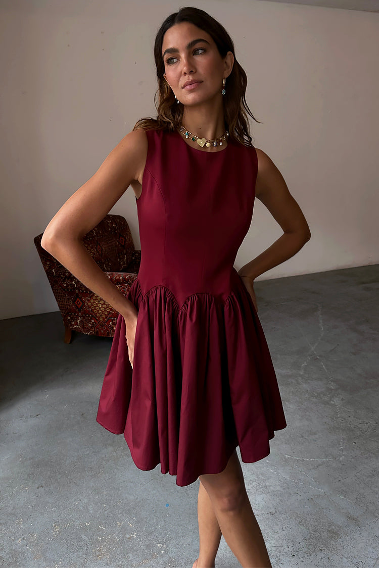 Burgundy Corset Mini Dress with Pleated Skirt | Monika Petite