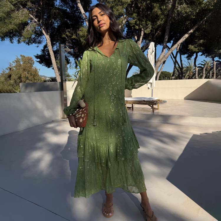 Olive Green Jacquard Dress with Gold Print | Petite Harmony Dress