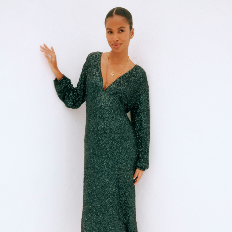 Emerald Sequin Dress with Adjustable Neckline & Elastic Waist | Emma
