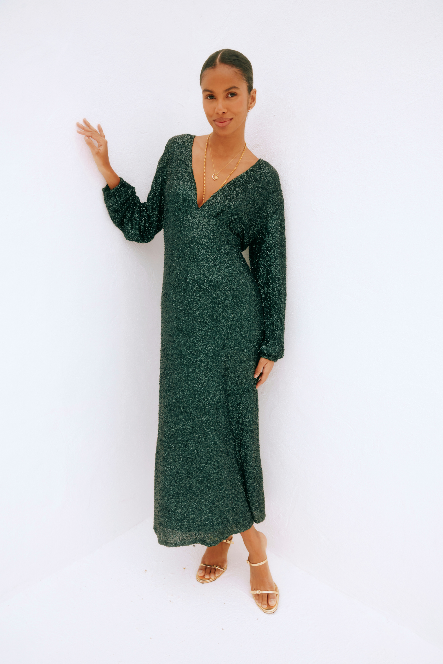 Emerald Sequin Dress with Adjustable Neckline & Elastic Waist | Emma