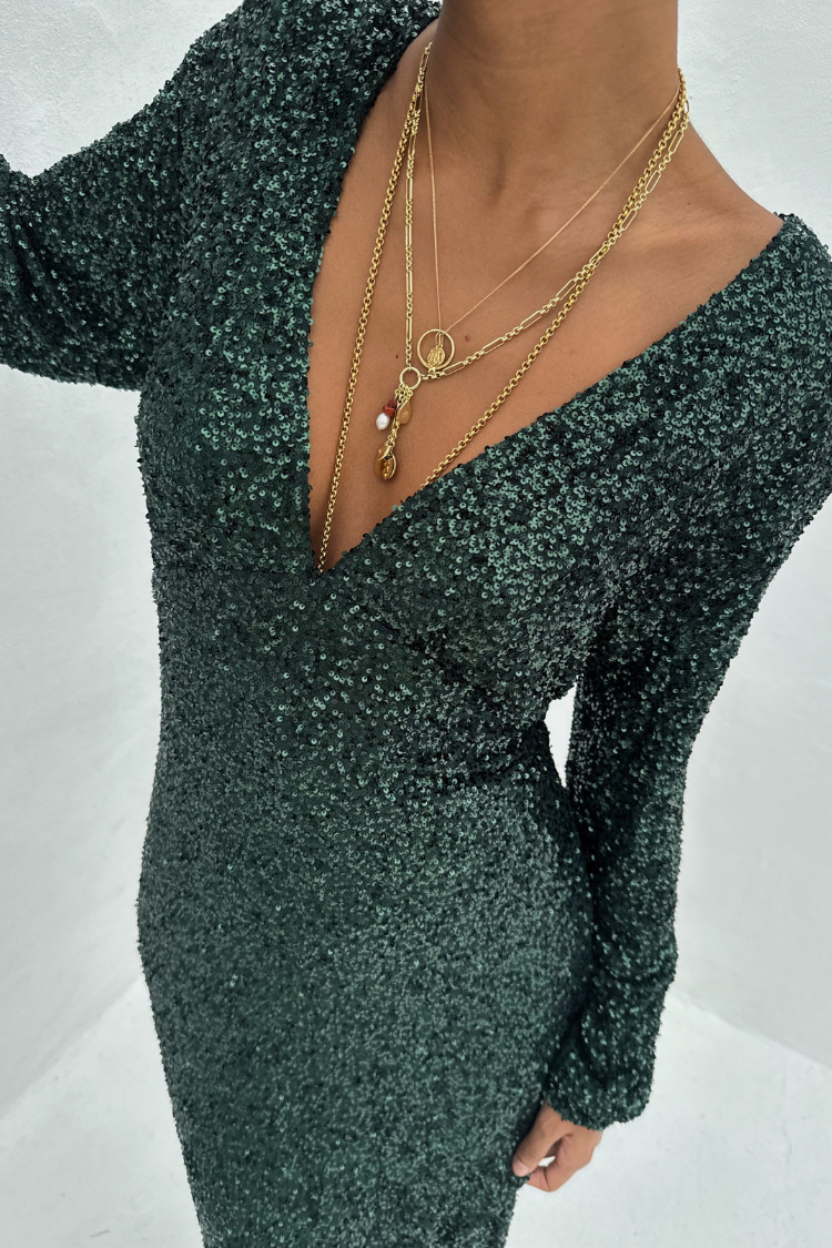 Emerald Sequin Dress with Adjustable Neckline & Elastic Waist | Emma