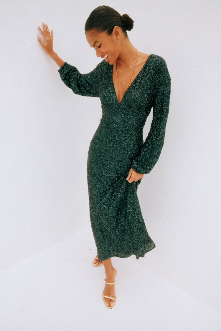 Emerald Sequin Dress with Adjustable Neckline & Elastic Waist | Emma