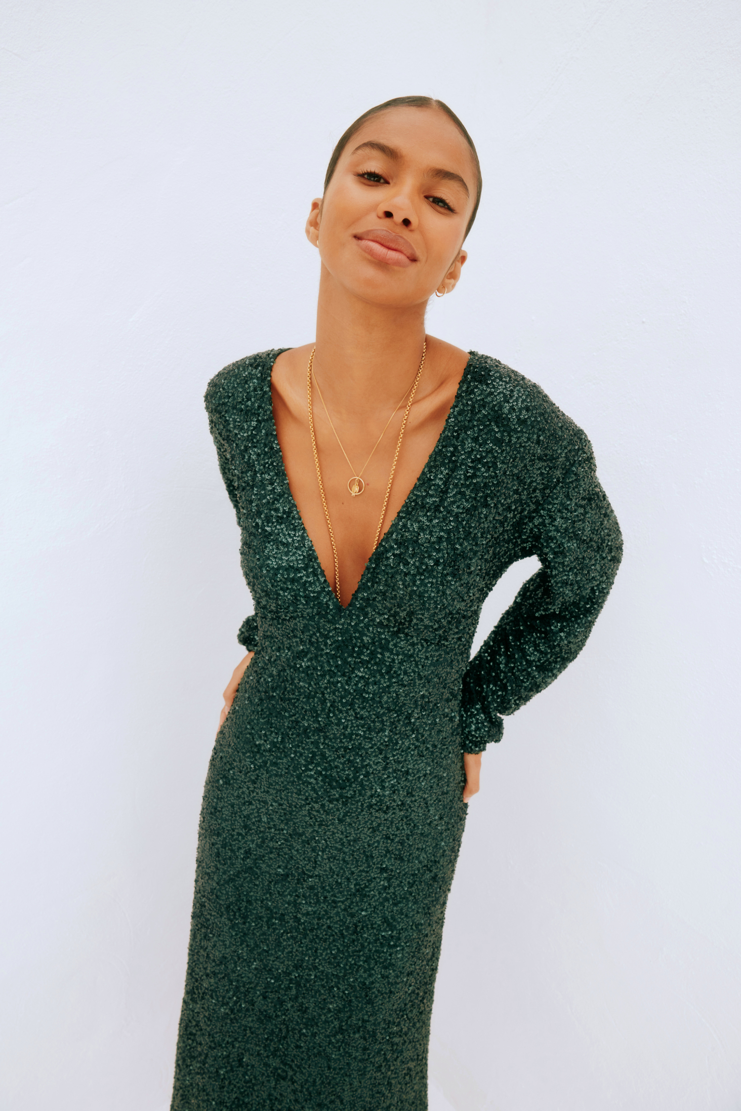 Emerald Sequin Dress with Adjustable Neckline & Elastic Waist | Emma