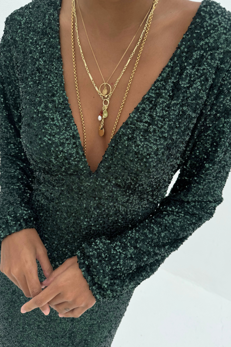 Emerald Sequin Dress with Adjustable Neckline & Elastic Waist | Emma
