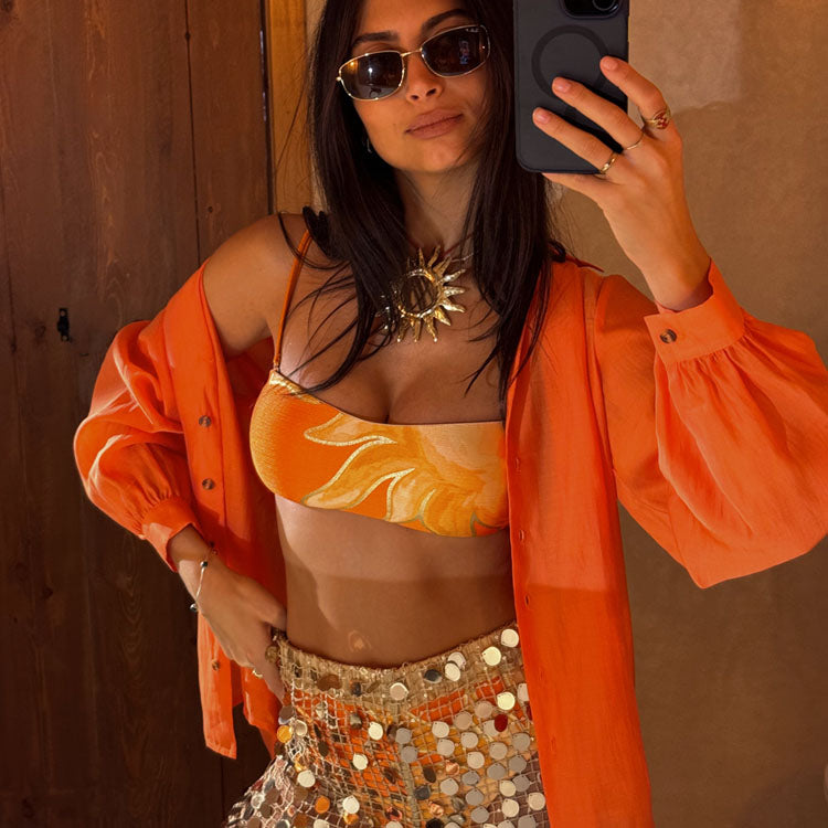 Hand-Painted Orange Sun Bikini Top with Gold Foil & Adjustable Straps | NFD